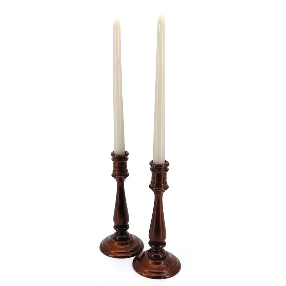 Vintage Turned‎ Wood Candlesticks Pair Taper Candle Holders Dark Walnut Finish
